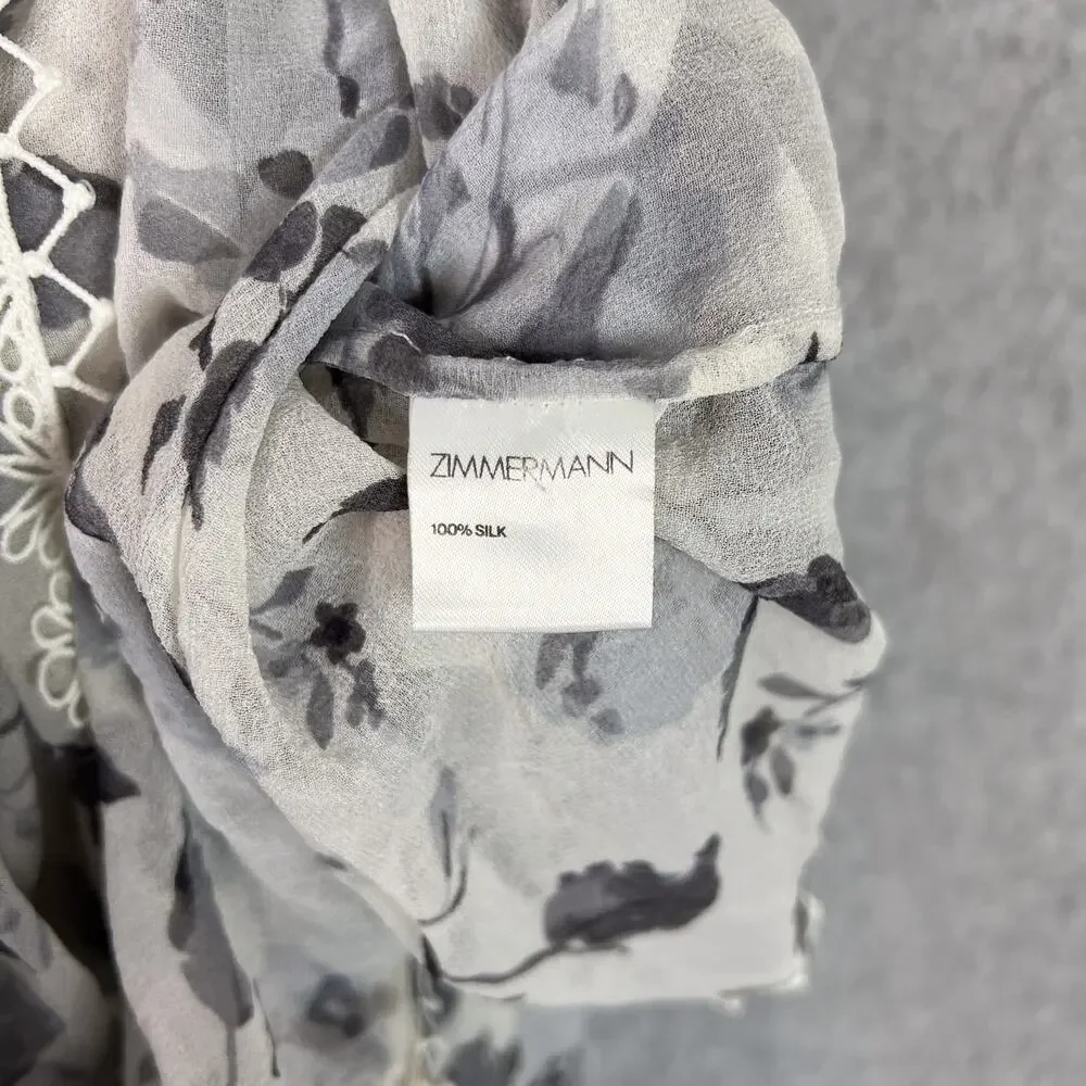 Zimmermann White Grey Floral Havoc Picot Silk Long Sleeve Blouse Size 3 - Picture 9 of 9